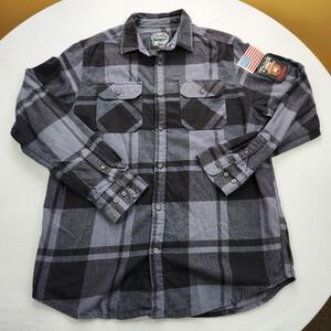 Angry Minnow Flannel Shirt Mens L Smokey The Bear Black Plaid Button Patch